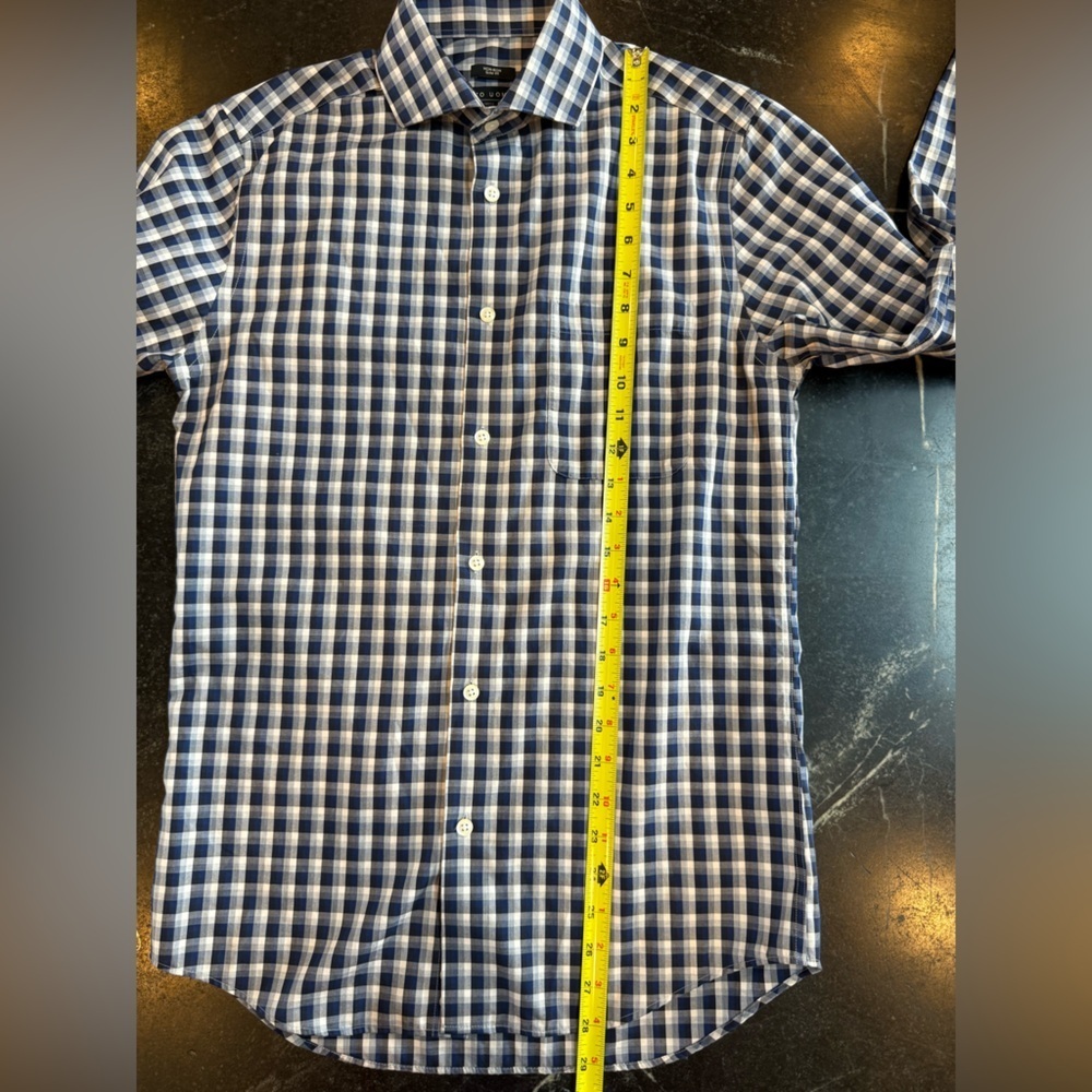 Pronto Uomo 14.5 32/33 Navy Plaid Slim Fit Spread Collar Dress Shirt Non-Iron - Picture 6 of 6